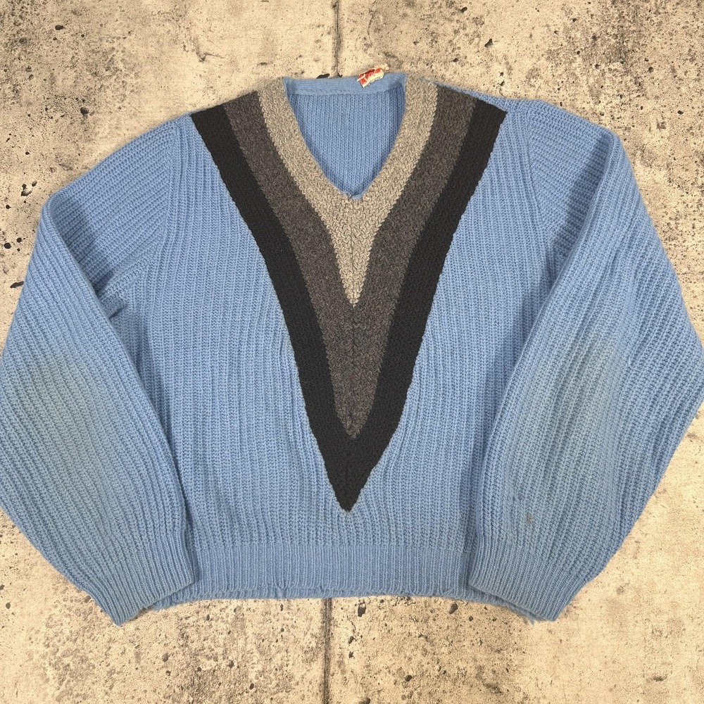 Vintage Brent Sweater Mens Large Blue V Neck Chunky Knit Striped Chevron 60s